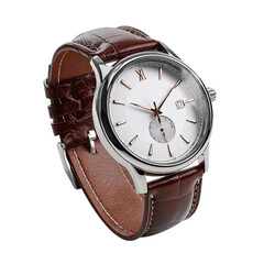 Obraz na płótnie Canvas Elegant wristwatch with leather strap, isolated on transparent background