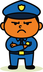 Angry police officer with arms crossed, staring directly at the camera, cartoon character illustration, isolated vector on a white background.
