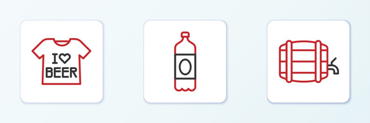 Set line Wooden barrel on rack, Beer T-shirt and Plastic beer bottle icon. Vector