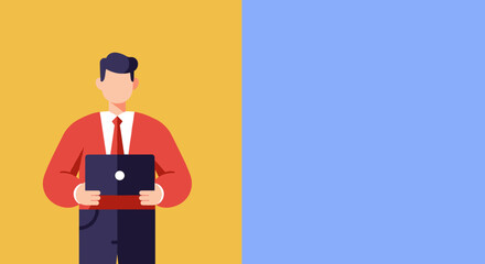 Professional businessman illustration holding a laptop with a split yellow and blue background. Ideal for technology, online services, or corporate communication concepts.