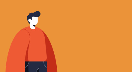 Modern flat design illustration of a cheerful man in an orange sweater, ideal for diverse lifestyle, business, and communication concepts with ample copy space.