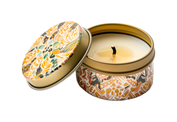 decorative scented candle in round patterned metal tin isolated on transparent background for home fragrance and decor concept
