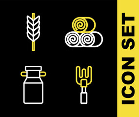 Set line Roll of hay, Garden rake, Can container for milk and Wheat icon. Vector