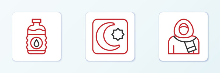 Set line Muslim woman in hijab, Bottle of water and Star and crescent icon. Vector