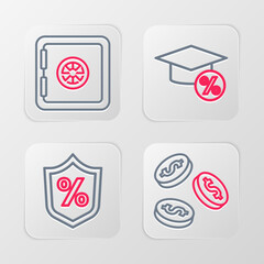 Set line Coin money with dollar, Loan percent, Graduation cap and coin and Safe icon. Vector