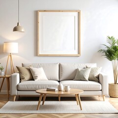 Living room interior with blank wooden frame mockup above cream sofa with pillows and round coffee table