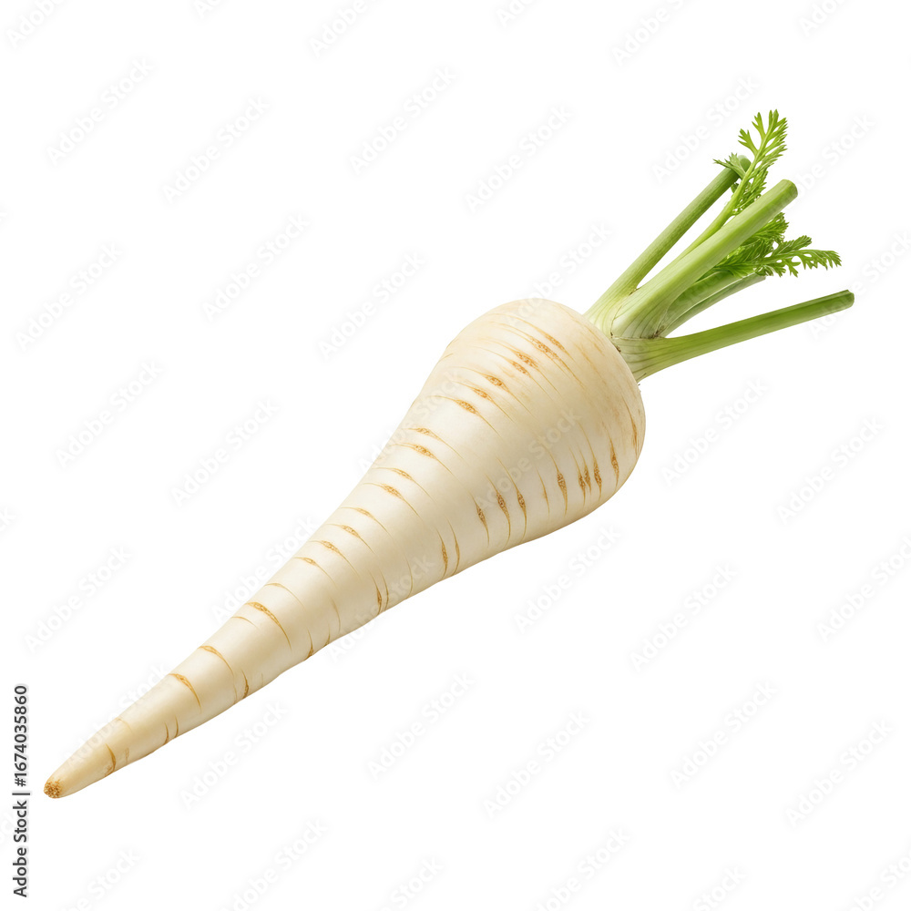 Poster single parsnip root with green stems lies diagonally against a isolated background.