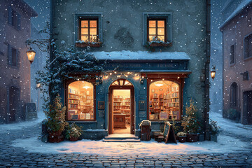 Cozy bookstore glowing warmly on snowy winter evening street