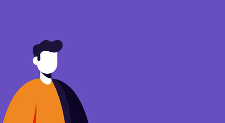 Flat design illustration of a stylized man with orange shirt and dark hair on a vibrant purple background. Ideal for business, technology, or lifestyle concepts with copy space.