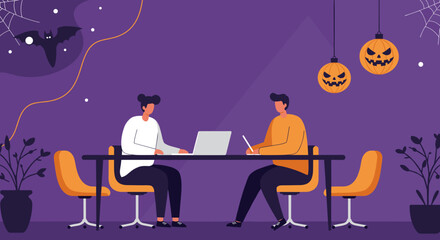 Colleagues collaborate in a festive, Halloween-decorated office. One uses a laptop, the other writes, blending work with holiday spirit. Ideal for business and lifestyle themes.
