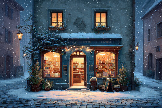 Cozy bookstore glowing warmly on snowy winter evening street