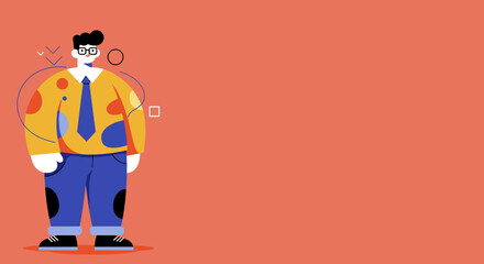 Stylish illustrated businessman with glasses and tie on a vibrant background, ideal for modern business, marketing, or education concepts.