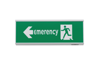 Isolated emergency exit sign with running man pointing left, safety information indoors