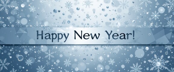 Happy New Year greeting with snowflakes and bubbles on frosty blue background.