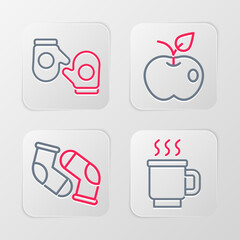 Set line Cup of tea, Socks, Apple and Christmas mitten icon. Vector