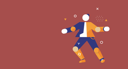 Modern graphic illustration of an abstract person in dynamic motion against a simple background. Represents energy, creativity, and digital concepts for business or lifestyle.