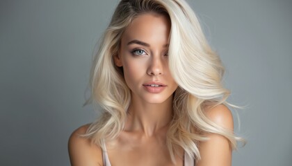 Naklejka premium Elegant fashion portrait features blonde model with smooth platinum hair styled in soft waves. Studio lighting hair texture, volume against contrasting grey background. Realistic, detailed image.
