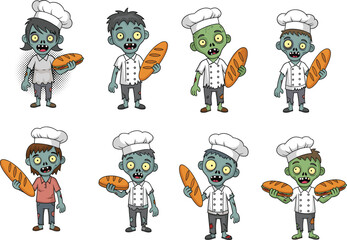 Cartoon zombie chefs holding bread, funny undead bakers, Halloween zombie cooks, spooky bakery characters, vector illustration set, Halloween horror food theme