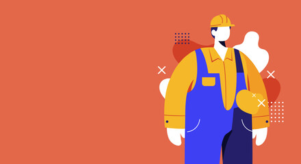 Professional construction worker or engineer in a hard hat and overalls, depicted in a modern flat illustration style. Ideal for showcasing industry, labor, safety, or careers.