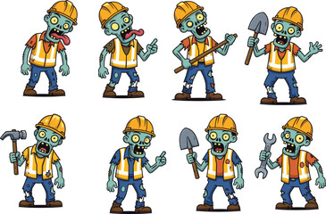 Cartoon zombie construction workers in safety vests and helmets, holding tools like hammers, shovels, and wrenches, with funny and silly expressions