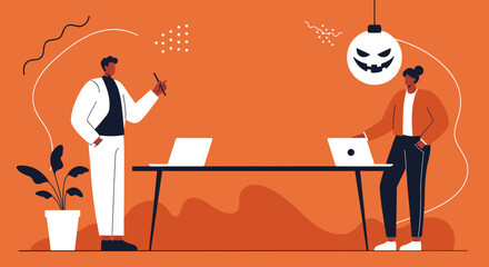 Two professionals working in an office, celebrating Halloween. Combines business productivity with holiday spirit, ideal for seasonal marketing or corporate events.