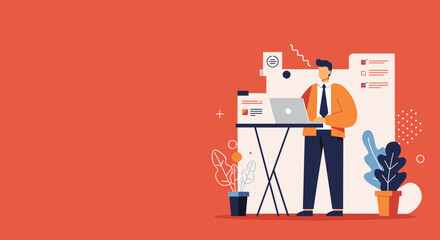 Professional man works on his laptop at a modern standing desk, symbolizing productivity, remote work, digital solutions, and efficient task management.