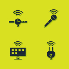 Set Smartwatch, electric plug, Tv system and Wireless microphone icon. Vector