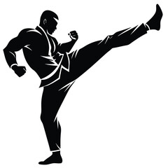 Black silhouette of a man performing a martial arts kick 2