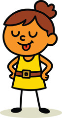 Cartoon child character, playful pose, yellow dress, tongue out, confident stance, cute design, minimalist style, white background, stock illustration, expressive emotion.