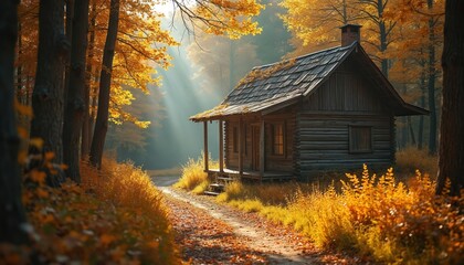 Rustic wooden cabin nestled in autumn forest. Sunbeams stream through golden trees, illuminating misty path leading to secluded hut. Leaves carpet ground, creating peaceful, cozy atmosphere for