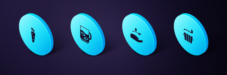 Set Isometric Sauna bucket and ladle, Leaf in hand, Cup of tea leaf and Carrot icon. Vector