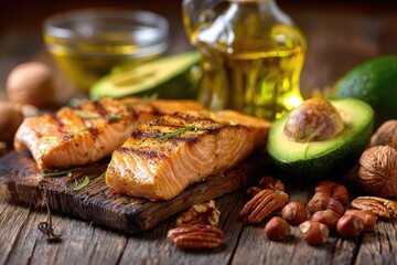 Grilled salmon fillets with avocado, nuts, and olive oil