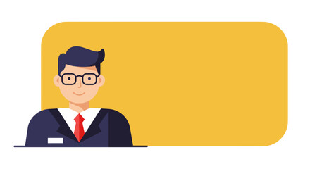 Smiling professional man in glasses and suit with a nametag, offering friendly service or information. Ideal for business, corporate, or customer support themes with copy space.