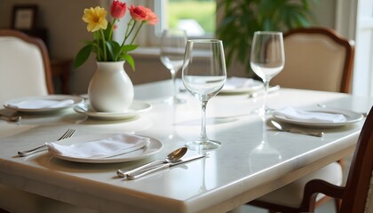Fototapeta premium Marble crafted dining table with elegant cutlery
