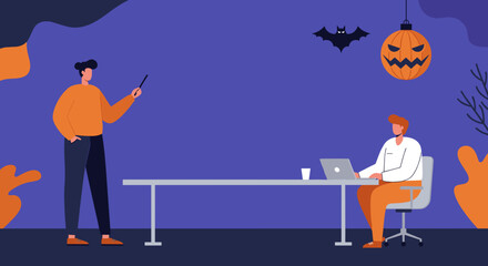 Colleagues in a Halloween-decorated office, one presenting and another working on a laptop. Illustrates festive work environment, online meetings, or seasonal business concepts.