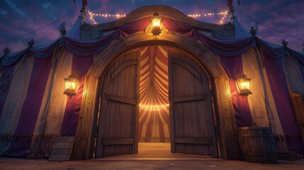 Obraz premium Circus tent entrance illuminated at dusk with open doors