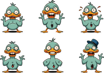 Cartoon zombie duck characters vector set, funny undead bird illustration with various expressions, horror-themed mascot perfect for games, stickers, and animations.