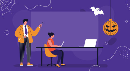 Two colleagues working or learning in a festive Halloween-decorated office. Perfect for business, education, or holiday seasonal content.