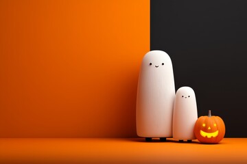 Cute animated ghost characters stand next to a Halloween pumpkin, radiating joy in a striking setting.