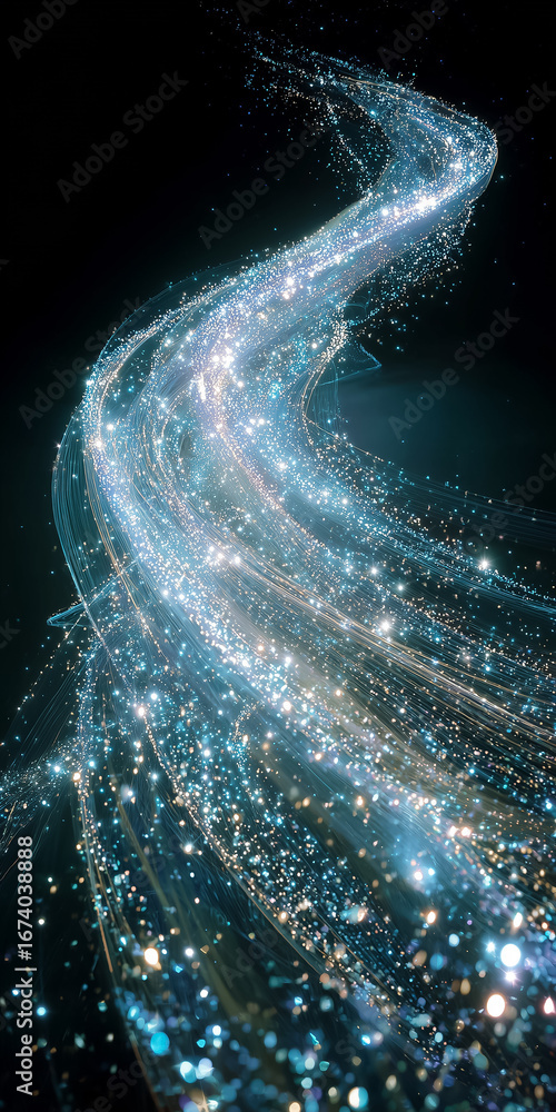 Poster sparkling stream of light particles flowing on dark background