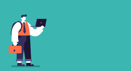 Professional man with laptop, backpack, and briefcase on a teal background. Represents modern business, digital work, and mobile productivity.