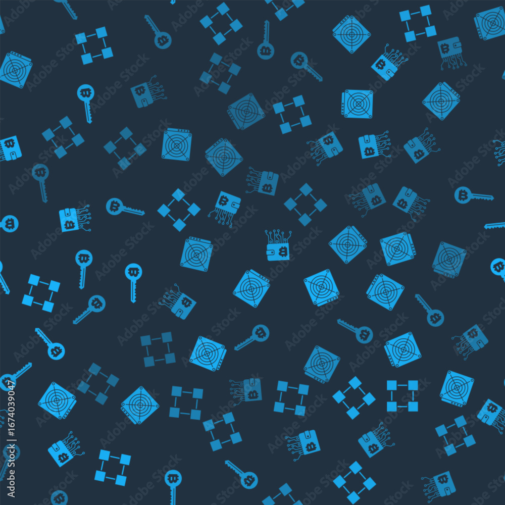 Poster set blockchain technology, asic miner, cryptocurrency wallet and key on seamless pattern. vector