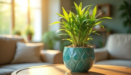 Green plant in decorative teal pot thrives in bright living room. Natural sunlight illuminates vibrant leaves, promoting healthy growth, air purification. Brings calmness, wellness, stylish decor to