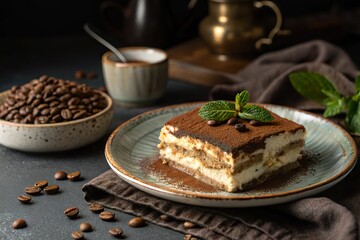 Delicious tiramisu dessert served on a plate with coffee beans and a cup in a cozy setting