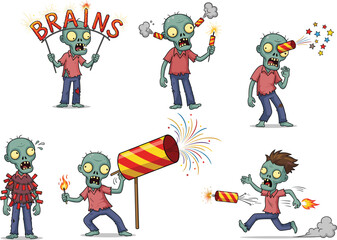 Cartoon zombie fireworks, undead explosive characters, funny zombie with fireworks, spooky zombie pyrotechnics, funny undead explosions, Halloween zombie firecracker set.