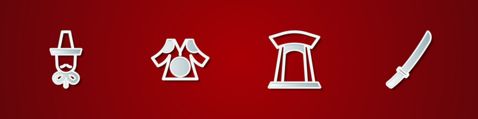 Set Korean hat, Kimono, gate and Katana icon. Vector