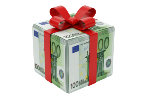 Isolated gift of money wrapped in 100 Euro notes with a ribbon, festive financial present