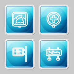 Set line Drawbridge ahead, Hospital road traffic, ublic transport board and Road sign icon. Vector