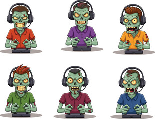 Cartoon zombie gamer characters playing video games with headset, undead gamers, spooky game players, Halloween horror gaming, funny zombie players vector set