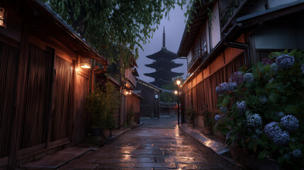 夏の夕暮れの京都路地と緑の情景